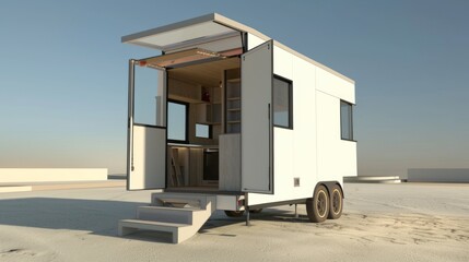 Modern white tiny home on wheels with open doors, showing interior.