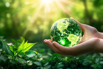 A hand gently holds a green globe above lush plants symbolizing environmental care and the protection of nature