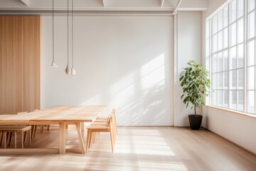 Fototapeta premium Serene Scandinavian Workshop: Minimalistic Wooden Workbenches in Modern Design