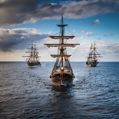 one carrack and two caravels on Atlantic sea; AI generated image