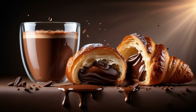 Un croisant muy sabroso cortado por la mitad, relleno de cremoso chocolate, y un cafe cremos en taza de cristal al lado
