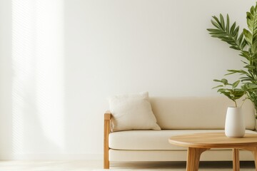 Serene Scandinavian Conservatory Oasis with Minimalistic Decor, Wooden Furniture, and Lush Greenery