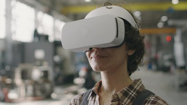 Medium closeup tilt up of Caucasian woman wearing VR headset using new technology at work in factory