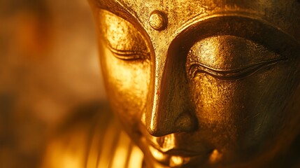 Obraz premium Serene Golden Buddha Statue: Close-up of Spiritual Face in Soft Light and Shadows
