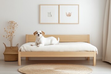 Serene Scandinavian Pet Room with Light Wood Furniture and Cozy Bedding