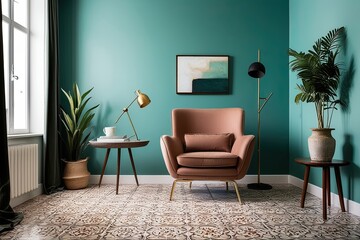 Modern Interior Room with Designer Armchair, Tiled Flooring, and Calming Teal Walls