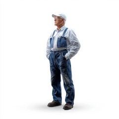 Fototapeta premium Elderly man standing confidently in denim overalls and a white shirt, embodying the traditional farming lifestyle and rural life.