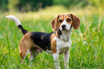 A beagle dog with a joyful smile gazes upward, radiating warmth and friendliness in its charming expression, A cheerful beagle wagging its tail, Ai generated