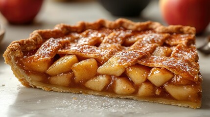 A slice of homemade apple pie with a flaky crust, isolated on a white background