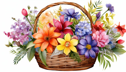 Obraz premium Colorful watercolor Realistic flower arrangement painting of a vibrant flower basket with green foliage transparent PNG background 