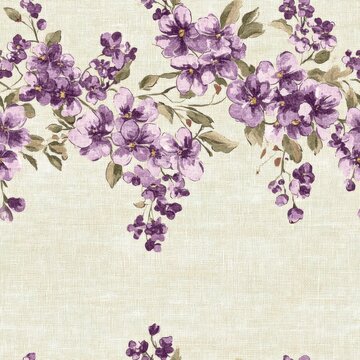 Vintage tapestry lilac blossom border on vintage beige fabric background, seamless repeating pattern, textile print style, minimal, tapestry design, seamless lilac blossom border, home decor, 