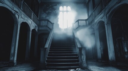 Abandoned castle interior, dark medieval palace with ghost, Halloween scary creepy atmosphere, AI generated image
