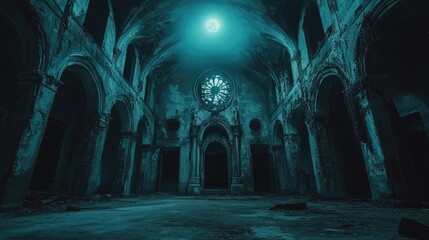 Abandoned castle interior, dark medieval palace with ghost, Halloween scary creepy atmosphere, AI generated image