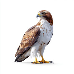 Fototapeta premium Detailed side view of a hawk with brown and white feathers standing against a plain white background, showcasing its fierce expression.