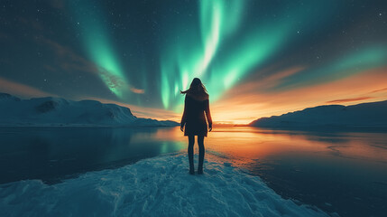 Fototapeta premium woman looking at the northern lights (artic lights) in snowy location at north pole