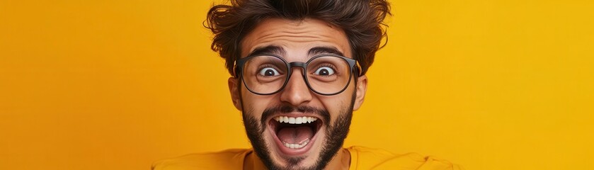 Man with glasses and messy hair smiles excitedly against yellow background.