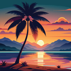 Fototapeta premium A vector illustration of a palm tree on a island with a sunset