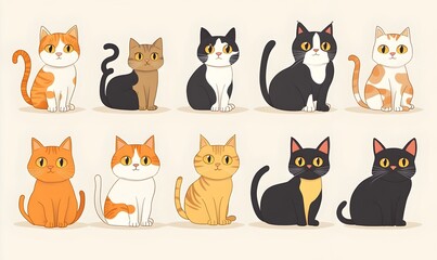 Charming Cartoon Style Feline Portraits in Mellow Pastel Tones