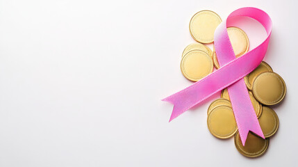 Fototapeta premium A pink ribbon lies atop golden coins symbolizing hope and support for breast cancer awareness and fundraising efforts.