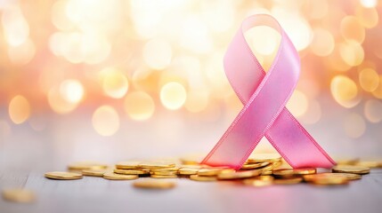 A pink ribbon symbolizes awareness and support against cancer, surrounded by shimmering golden coins on a blurred background.
