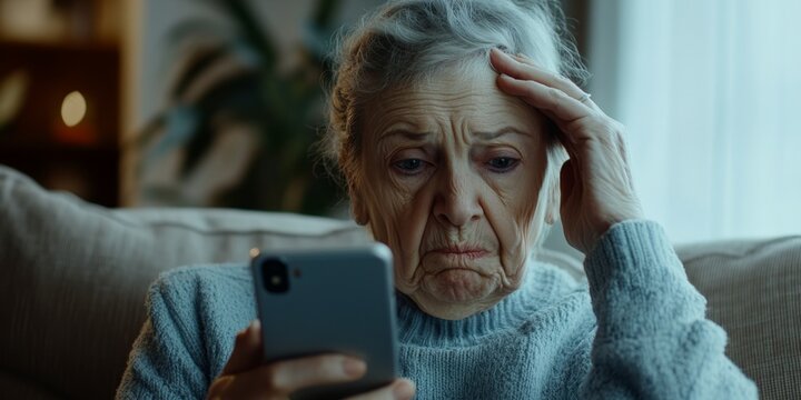 Stressed Elderly Woman Struggling with Smartphone: Depressed Senior Citizen Facing Digital Challenges on Sofa. Emotional Portrait of Technology Frustration and Age-related Difficulties in Modern Commu