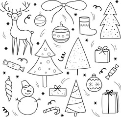 Obraz premium Winter hand drawn doodle. Sketch with New Year festive items, vector isolated illustration. Set with Christmas trees, deer, snowman, decorations, gifts, sweets. For congratulation winter holidays