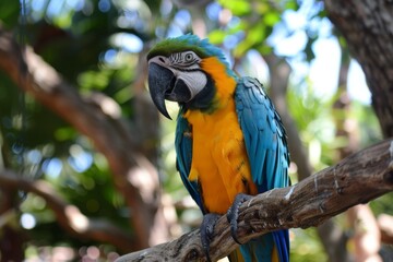 Obraz premium A bright and colorful parrot resting on a branch, surrounded by lush greenery in its natural habitat, A colorful parrot showing off its plumage, AI generated