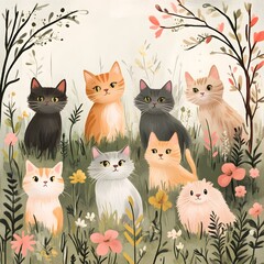 Fototapeta premium Whimsical of Diverse Cats in Pastel Nature Setting