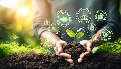 A hand gently holding a small, sprouting plant surrounded by soil, symbolizing growth and new life in nature