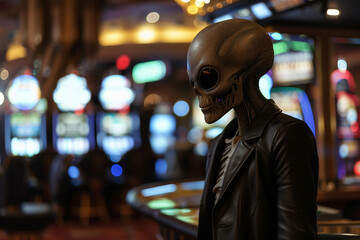 Fototapeta premium UFO space visitor alien on Earth living human life with everyday routine staff, Generative AI
