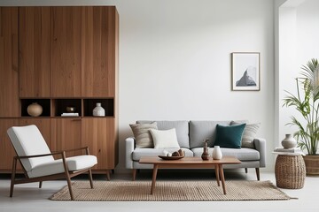 Minimalist Living Room Decor with Wooden Cabinet and Accessories for White Walls