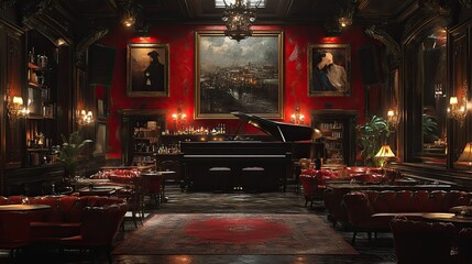 Classic 1920s jazz club, but with modern digital art on the walls