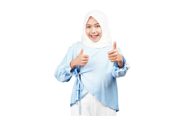 Smiling asian hijab girl with thumbs up gesture isolated transparent