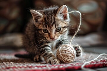 A small kitten lounges on a warm blanket, next to a bright ball of yarn, embodying innocence and curiosity, A curious kitten playing with a ball of yarn, AI generated