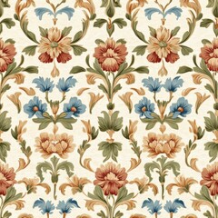Obraz premium Vintage tapestry renaissance floral pattern on vintage beige fabric background, seamless repeating pattern, textile print style, minimal, tapestry design, seamless renaissance floral pattern