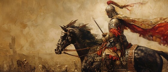 Historical painting depicts medieval battle scene with knight in red scarf on black horse. Chaos of combat, castle backdrop, evokes antiquity.