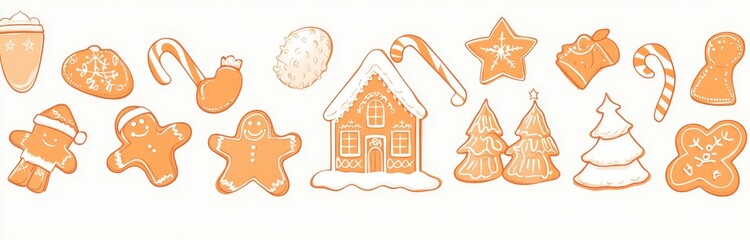A banner of Christmas sugar cookies on a transparent background. Christmas tree, star snowflake, candy cone, gingerbread house man. Ideal for headers, newsletters, posters and graphic illustrations.