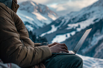 Happy freelancer nomad person browsing laptop anywhere remote job work business, Generative AI