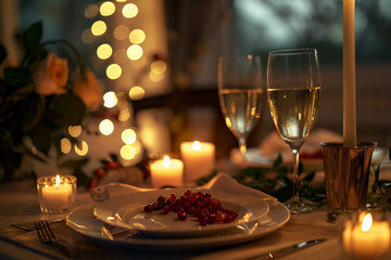 Luxury candlelight dinner setup for couple on Valentine day Romantic date anniversary, Generative AI