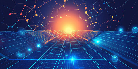 Obraz premium Vector illustration sun rises in a technological and futuristic world. solar pv plant, energy