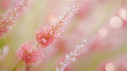 Close-up of pink dew-kissed wildflowers, with delicate petals adorned with water droplets on a dreamy, pastel-colored background.
