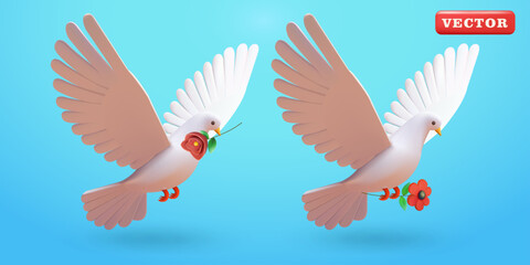 Pigeon flying carrying flowers, 3d vector. Suitable for events and design elements