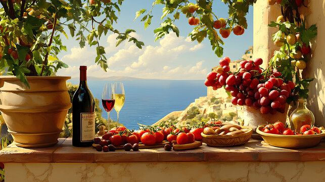 A beautiful scenery with wine, bread, and fruits on the table, overlooking a sea view,
