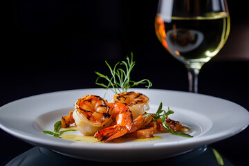 A beautifully presented dish of grilled shrimp, garnished with herbs and drizzled with olive oil, sits on an elegant white plate