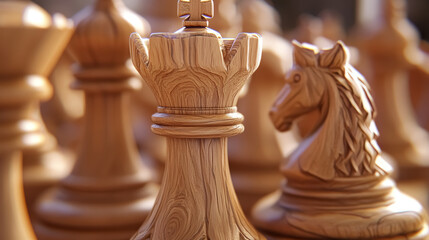 elegant wooden chess pieces on board closeup for strategic game concept