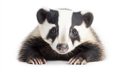 Fototapeta premium Curious badger cub closeup on white background