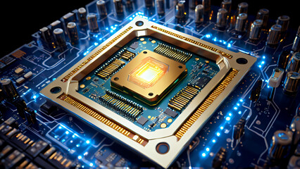 Intricate Cybernetic Precision: A Detailed Close-Up of a High-Tech Computer Processor with Gold Contacts and Neon-Lit Blue Circuits, Showcasing the Power and Complexity of Modern Electronics and Digit