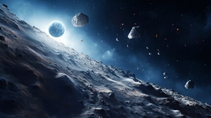 Fototapeta premium Cosmic Landscape: Asteroids and a Distant Planet