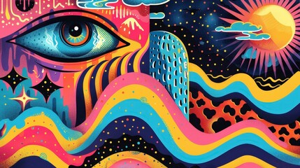 Psychedelic colorful abstract background featuring swirling waves, an eye, and celestial elements in a vibrant design. Generative AI