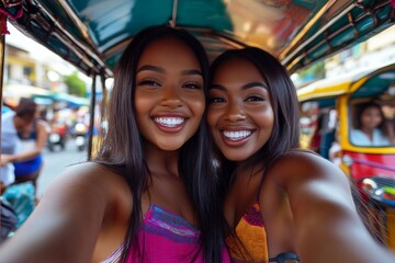Traveling in a sightseeing car, two diverse female friends snap selfies
